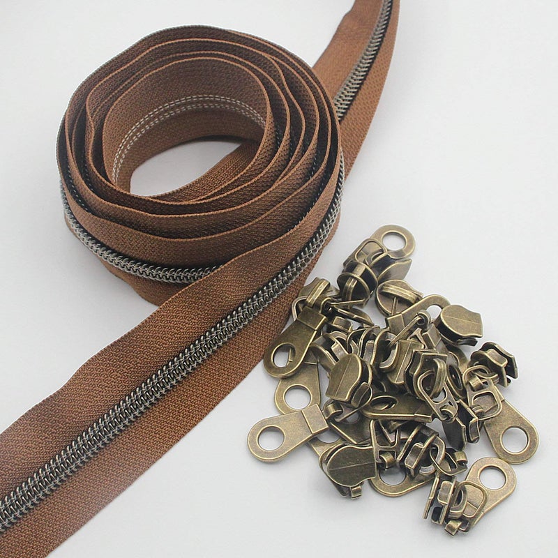 Leekayer #5 Antique Brass Metallic Nylon Coil Zippers by The Yard Bulk 10 Yards (Brown Tape with 25pcs Brass Sliders for DIY Sewing Tailor Craft Bag(Brown) - Image 1