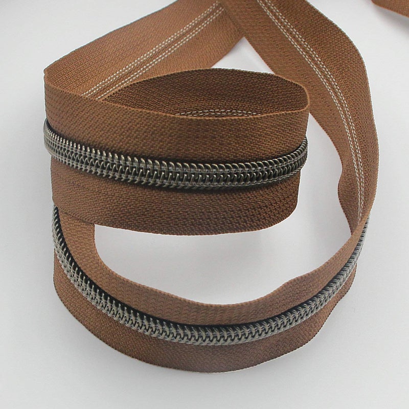 Leekayer #5 Antique Brass Metallic Nylon Coil Zippers by The Yard Bulk 10 Yards (Brown Tape with 25pcs Brass Sliders for DIY Sewing Tailor Craft Bag(Brown) - Image 5