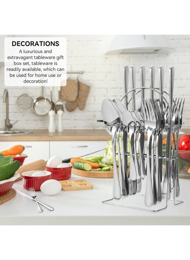 SheenX 24-Piece Stainless Steel Cutlery Set with Holder Stand – Durable Flatware Set Including Steak Knives, Forks & Spoons, Mirror Finish Silver - Image 1