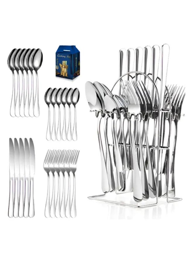 SheenX 24-Piece Stainless Steel Cutlery Set with Holder Stand – Durable Flatware Set Including Steak Knives, Forks & Spoons, Mirror Finish Silver - Image 2