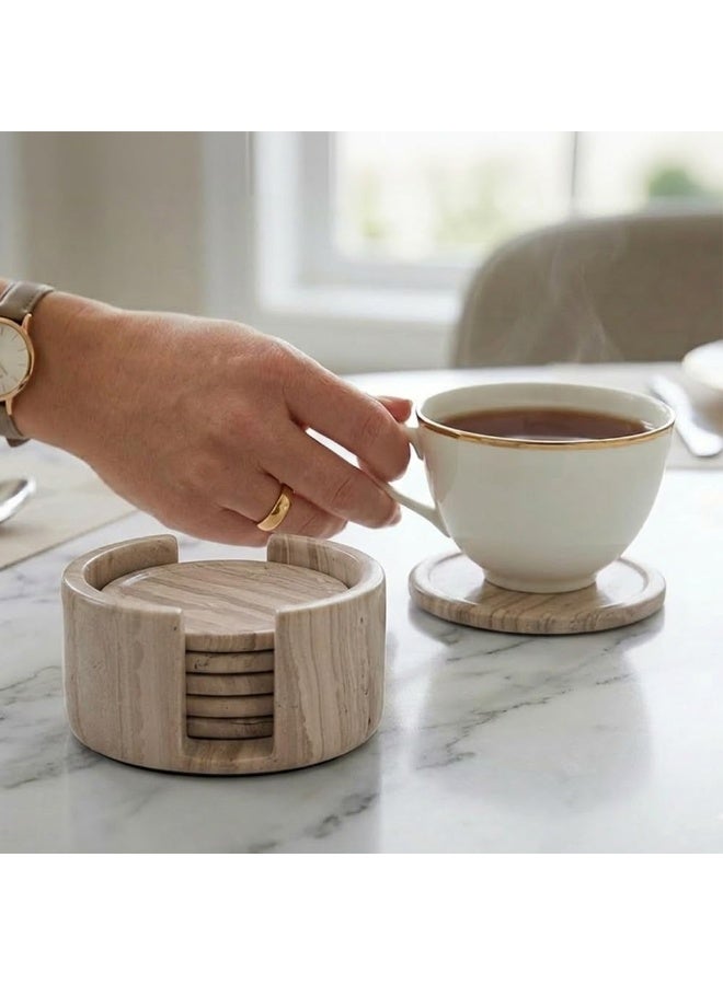 RADICALn Handmade Natural Brown Marble Coasters Set of 6 with Holder 3.5 Inch Round Drink Coasters Luxury Stone Tabletop Home Office Dining Coffee Table Gift - Image 2