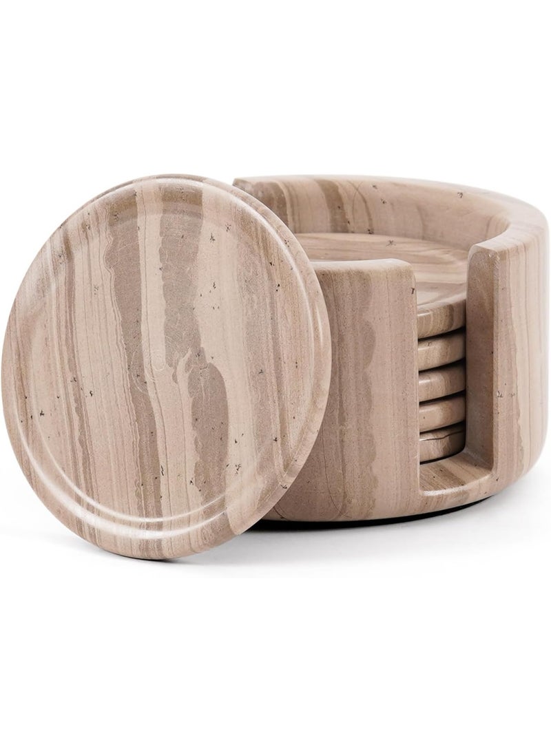 RADICALn Handmade Natural Brown Marble Coasters Set of 6 with Holder 3.5 Inch Round Drink Coasters Luxury Stone Tabletop Home Office Dining Coffee Table Gift - Image 1