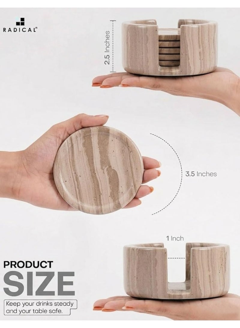 RADICALn Handmade Natural Brown Marble Coasters Set of 6 with Holder 3.5 Inch Round Drink Coasters Luxury Stone Tabletop Home Office Dining Coffee Table Gift - Image 3