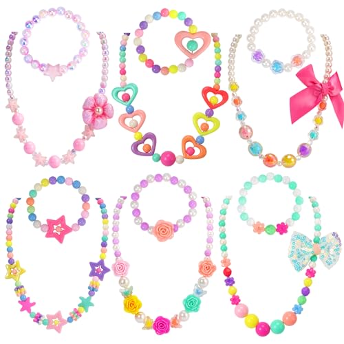 PinkSheep Kids Classic Jewelry, 6 Sets of Beaded Necklaces and Bracelets for Girls, Favors Bags for Girls Jewelry (Classic) - Image 1