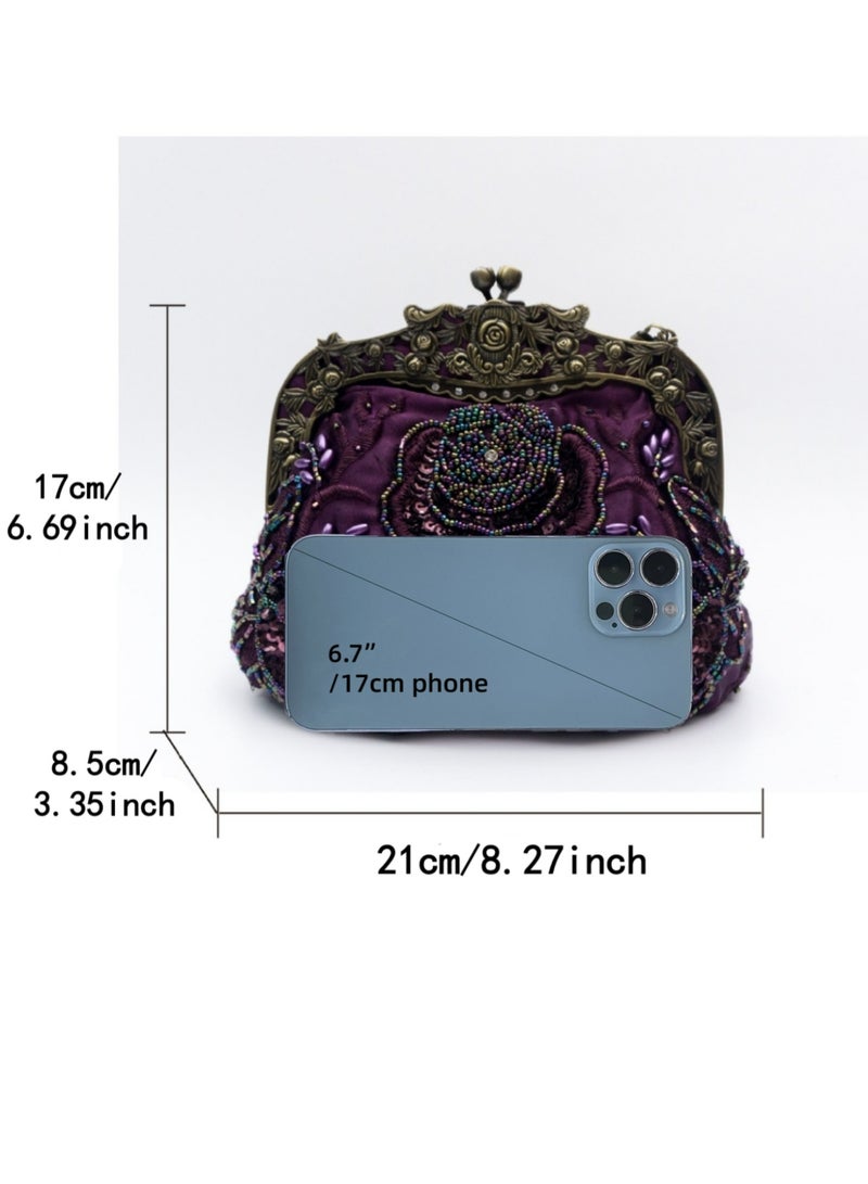 Women's Handbag Vintage Beaded Bag Women's Handbag With Flower Decorated Women's Clutch Evening Bag Shoulder Bag with Removable Chain Perfect for Weddings, Ramadan, Birthdays,Prom Party - Image 2