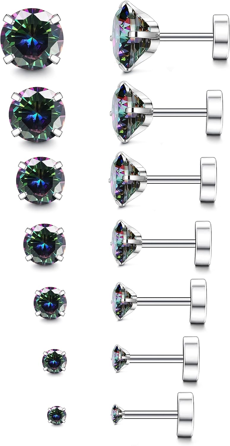 Fansilver 20G Hypoallergenic Flat Back Earrings for Women Men Silver 14K Gold Stainless Steel Stud Earrings Brithstone Cubic Zirconia Studs Surgical Steel Cartilage Earrings for Sensitive Ears - Image 1