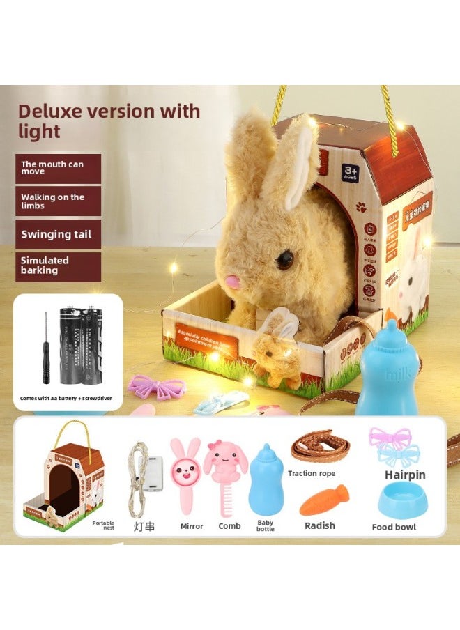 Children's Electric Simulation Bunny Plush Toy Girl Pet White Rabbit Doll Girl Birthday Gift-Color:Brown Rabbit + Rabbit House + Accessories + Lighting Set-Specification:Add Rechargeable Battery + Charger  - Image 1