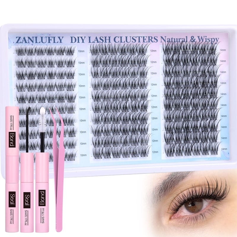 zanlufly Wispy Lash Clusters Kit Natural Lash Extension Kit DIY Eyelash Extension Kit 10-14MM Individual Lashes Thin Band Eyelash Clusters with Lash Cluster Glue and Tweezers by zanlufly - Image 1