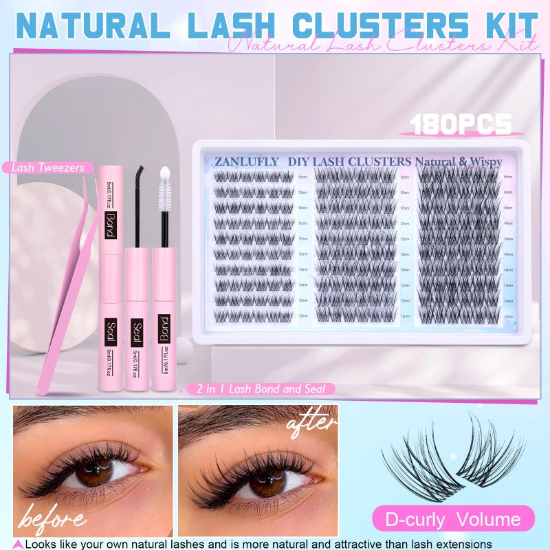 zanlufly Wispy Lash Clusters Kit Natural Lash Extension Kit DIY Eyelash Extension Kit 10-14MM Individual Lashes Thin Band Eyelash Clusters with Lash Cluster Glue and Tweezers by zanlufly - Image 2