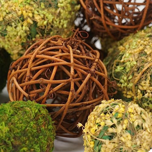 BYHER Decorative Balls for Centerpiece Bowls, 18pcs Fake Moss Balls + Wicker Rattan Balls Set Vase Bowl Filler for Home Garden Wedding Party Decor (Fresh Green + Rustic Brown) - Image 3