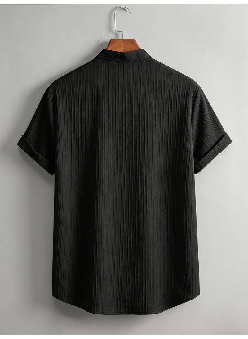 Men's Black Short Sleeve Shirt Mandarin Collar Casual Button Down Pleated Texture Summer Shirt For Men - Image 2