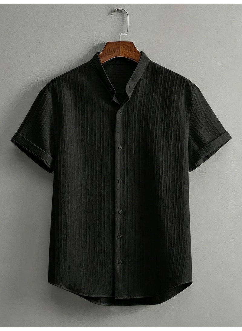 Men's Black Short Sleeve Shirt Mandarin Collar Casual Button Down Pleated Texture Summer Shirt For Men - Image 1