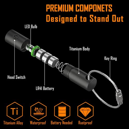 KeyUnity KF00 Titanium Mini Keychain LED Flashlight, 15 Lumens Waterproof Electric Torch Light Handheld Size Single Mode for Camping, Hiking, Climbing, Fishing, Backpacking (Black) - Image 2