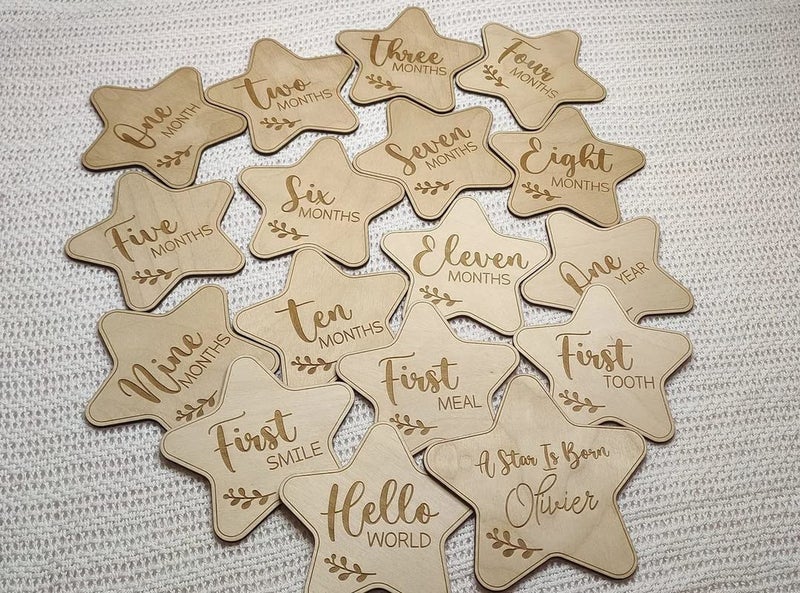 Cliths Pack of 16 pcs Wooden Baby Milestone Discs, Stars Baby Milestone Discs, Baby Milestone Wood Card Set, Engraved Wooden Monthly Baby Milestone(Bag not Include) - Image 5