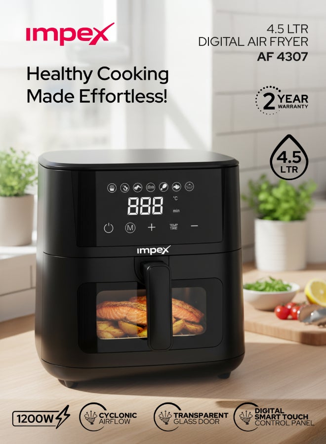 Impex 4.5L Digital Air Fryer, 1200W Oil-Free Air Fryer with Transparent Glass Door, Cyclonic Airflow, Smart Touch Control Panel, 7 Preset Menus, Non-Stick Basket, 60 Min Timer, Overheat Protection, Cool Touch Handle, Large Capacity Air Fryer, 2 Year Warranty - AF 4307 4.5 L 1200 W AF 4307 Black - Image 2