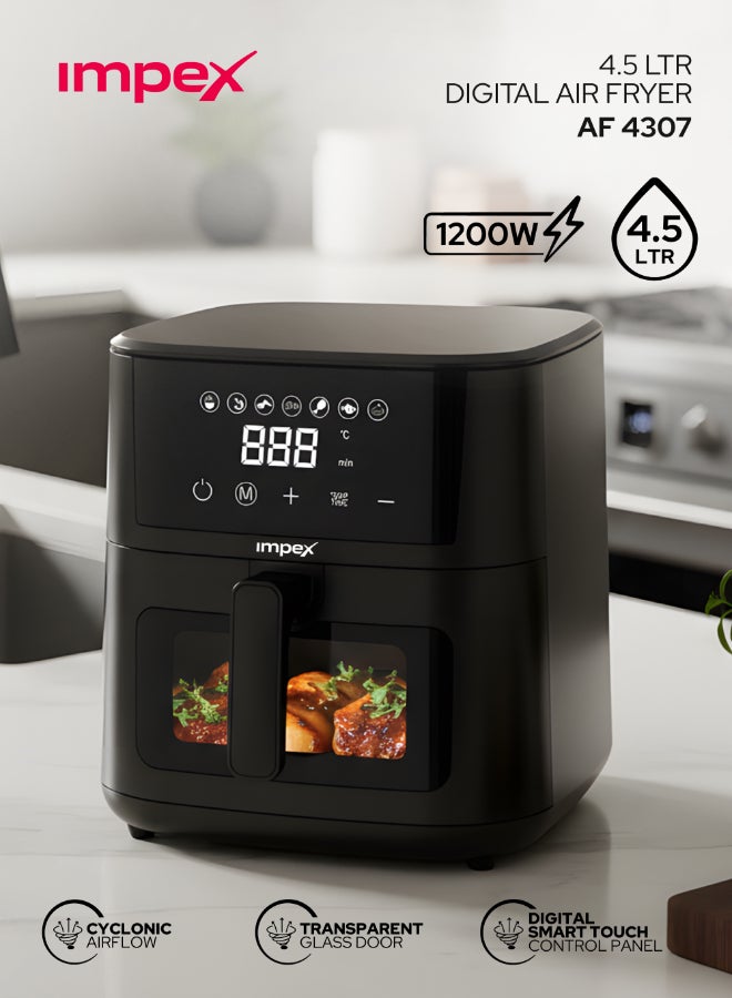 Impex 4.5L Digital Air Fryer, 1200W Oil-Free Air Fryer with Transparent Glass Door, Cyclonic Airflow, Smart Touch Control Panel, 7 Preset Menus, Non-Stick Basket, 60 Min Timer, Overheat Protection, Cool Touch Handle, Large Capacity Air Fryer, 2 Year Warranty - AF 4307 4.5 L 1200 W AF 4307 Black - Image 1
