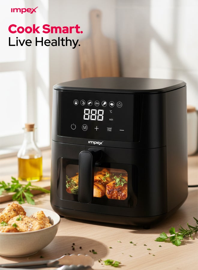 Impex 4.5L Digital Air Fryer, 1200W Oil-Free Air Fryer with Transparent Glass Door, Cyclonic Airflow, Smart Touch Control Panel, 7 Preset Menus, Non-Stick Basket, 60 Min Timer, Overheat Protection, Cool Touch Handle, Large Capacity Air Fryer, 2 Year Warranty - AF 4307 4.5 L 1200 W AF 4307 Black - Image 3