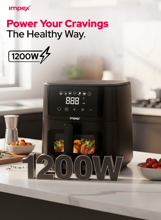 Impex 4.5L Digital Air Fryer, 1200W Oil-Free Air Fryer with Transparent Glass Door, Cyclonic Airflow, Smart Touch Control Panel, 7 Preset Menus, Non-Stick Basket, 60 Min Timer, Overheat Protection, Cool Touch Handle, Large Capacity Air Fryer, 2 Year Warranty - AF 4307 4.5 L 1200 W AF 4307 Black - Image 4
