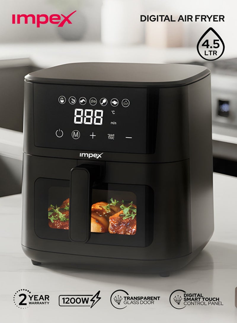 Impex 4.5L Digital Air Fryer, 1200W Oil-Free Air Fryer with Transparent Glass Door, Cyclonic Airflow, Smart Touch Control Panel, 7 Preset Menus, Non-Stick Basket, 60 Min Timer, Overheat Protection, Cool Touch Handle, Large Capacity Air Fryer, 2 Year Warranty - AF 4307 4.5 L 1200 W AF 4307 Black - Image 1