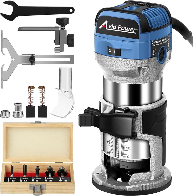 AVID POWER 6.5 Amp 1.25 HP Compact Router Tools for Woodworking, Fixed Base Wood Router with Trim Router Bits, 6 Variable Speeds, Edge Guide, Roller Guide, Dust Hood (Blue, 65mm) - Image 1
