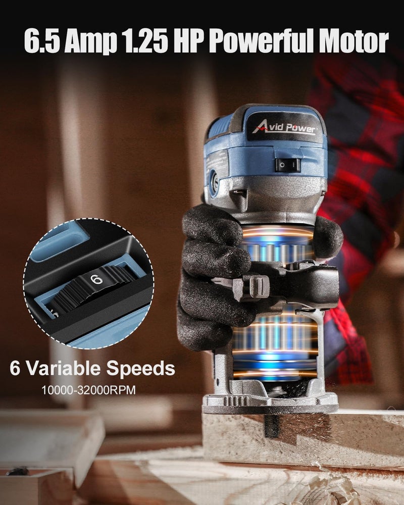AVID POWER 6.5 Amp 1.25 HP Compact Router Tools for Woodworking, Fixed Base Wood Router with Trim Router Bits, 6 Variable Speeds, Edge Guide, Roller Guide, Dust Hood (Blue, 65mm) - Image 2