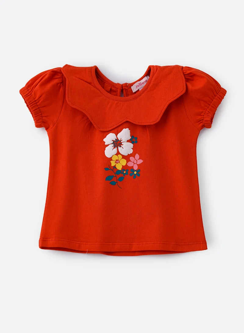 جيلين Vibrant Red Ruffle Sleeve Cotton Top for Infant Girls