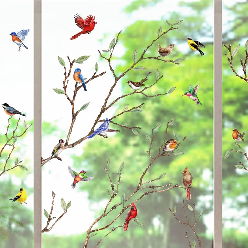 Yovkky Yovkky Spring Summer Tree Branch Bird Strike Window Cling 9 Sheet Anti Collision Cardinal Wall Glass Sticker Decal Hummingbird Bluebird Robin Decor Fall Autumn Home Kitchen Office Fridge Decorations 