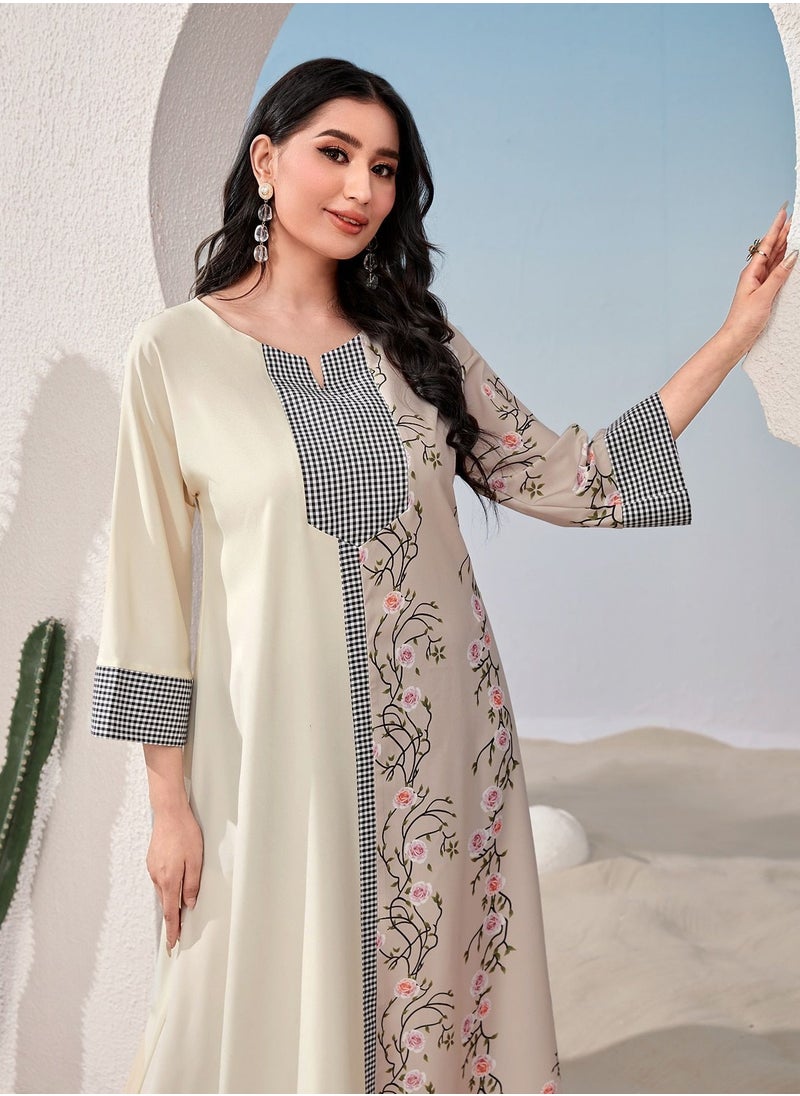 ShineShe Jalabiya Apricot Printed Paneled Robe Skirt, Abaya Shineshe  - Image 4