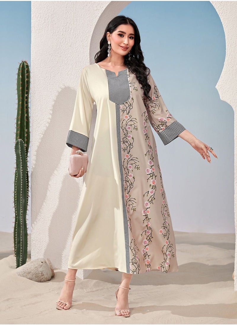 ShineShe Jalabiya Apricot Printed Paneled Robe Skirt, Abaya Shineshe  - Image 2