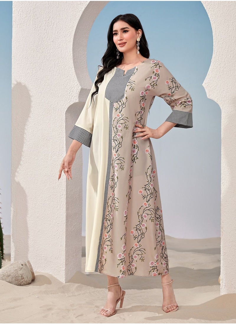 ShineShe Jalabiya Apricot Printed Paneled Robe Skirt, Abaya Shineshe  - Image 1
