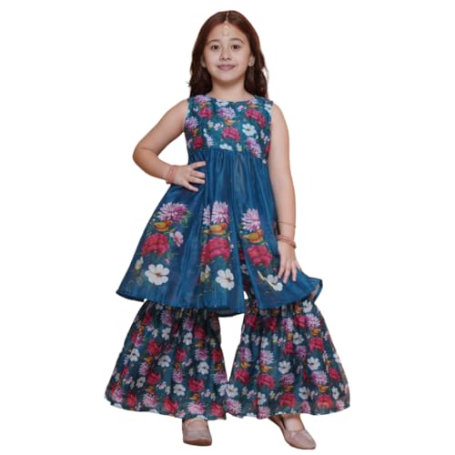 Naixa Girl's Viscose Rayon Floral Print Sleeveless Square Neck Blue Kurti With Sharara For Every Occasion (NX10_13-14Y) - Image 1