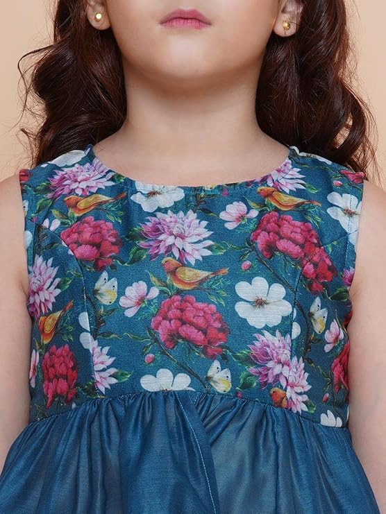 Naixa Girl's Viscose Rayon Floral Print Sleeveless Square Neck Blue Kurti With Sharara For Every Occasion (NX10_13-14Y) - Image 4