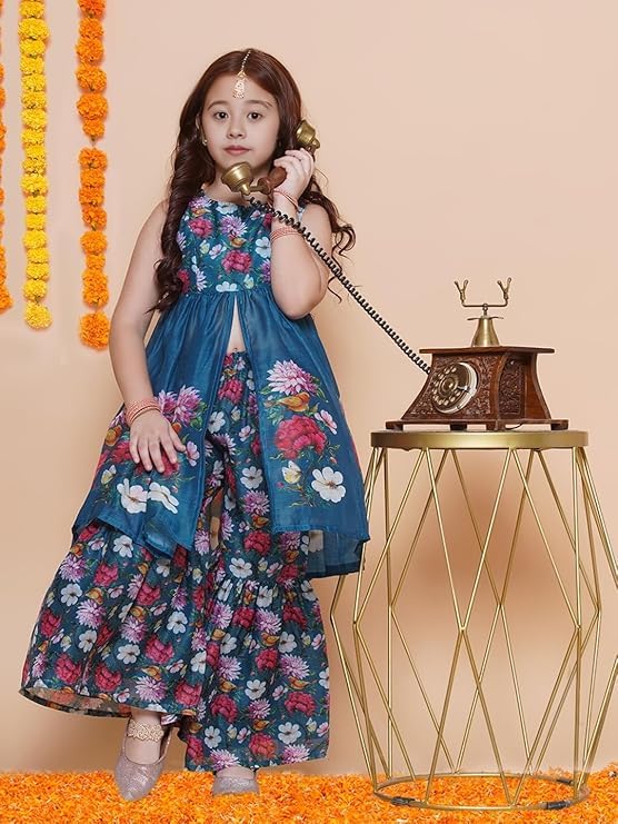 Naixa Girl's Viscose Rayon Floral Print Sleeveless Square Neck Blue Kurti With Sharara For Every Occasion (NX10_13-14Y) - Image 3