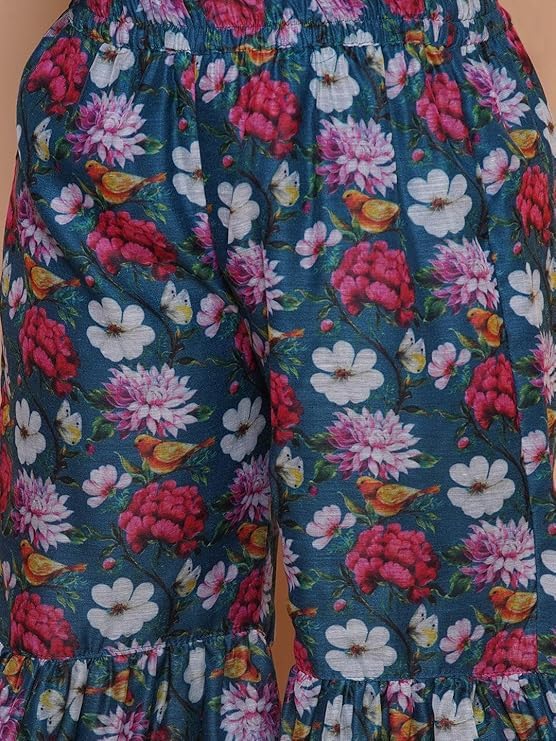 Naixa Girl's Viscose Rayon Floral Print Sleeveless Square Neck Blue Kurti With Sharara For Every Occasion (NX10_13-14Y) - Image 5
