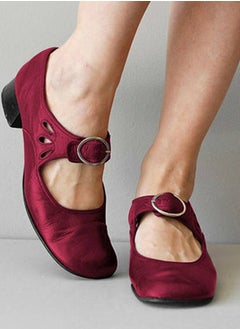 Loquat Women Round Toe Mary Janes Shoes Buckled Low Chunky Heels Work Pumps Red  - Image 1