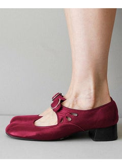 Loquat Women Round Toe Mary Janes Shoes Buckled Low Chunky Heels Work Pumps Red  - Image 2