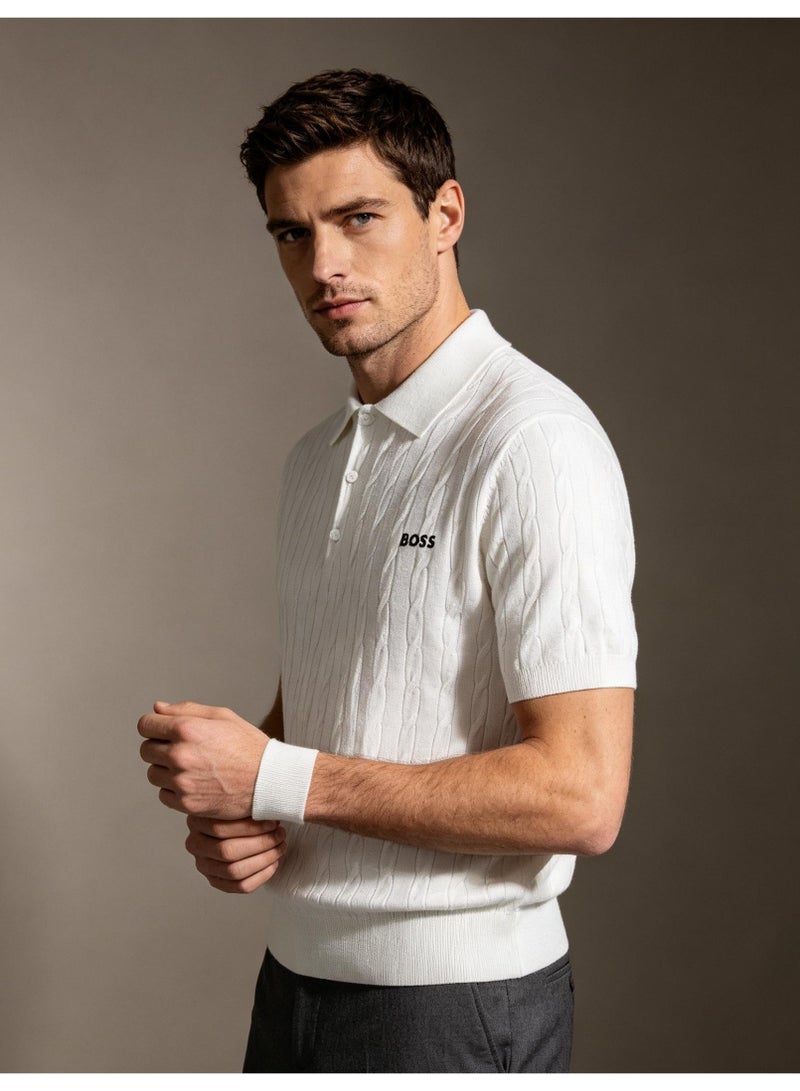 BOSS Unisex Short Sleeve Cable Knit Polo Shirt, White, Men's Women's Smart Casual Top - Image 2