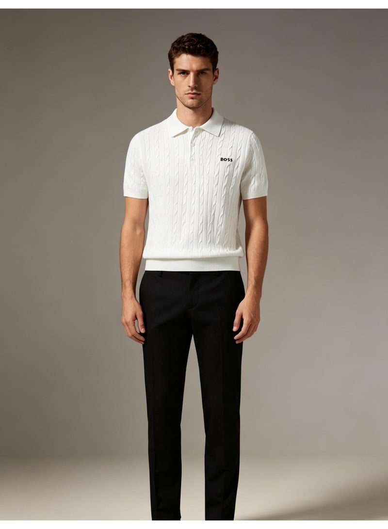 BOSS Unisex Short Sleeve Cable Knit Polo Shirt, White, Men's Women's Smart Casual Top - Image 4