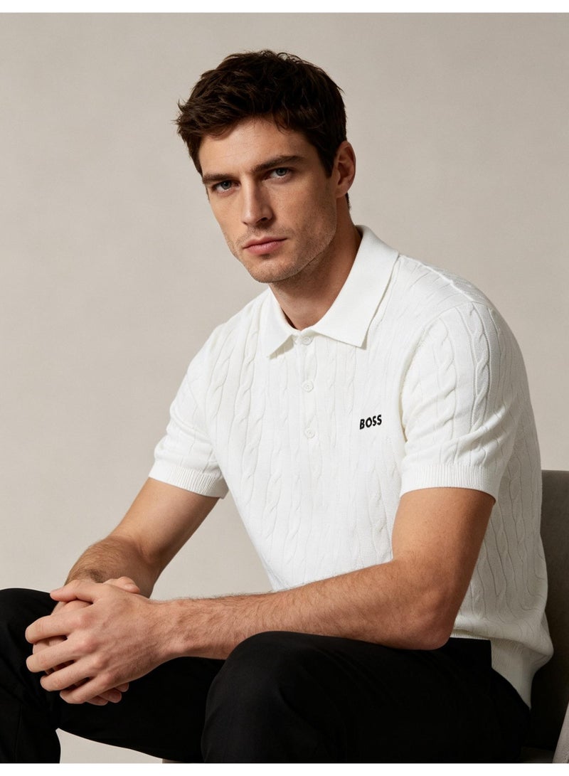 BOSS Unisex Short Sleeve Cable Knit Polo Shirt, White, Men's Women's Smart Casual Top - Image 1