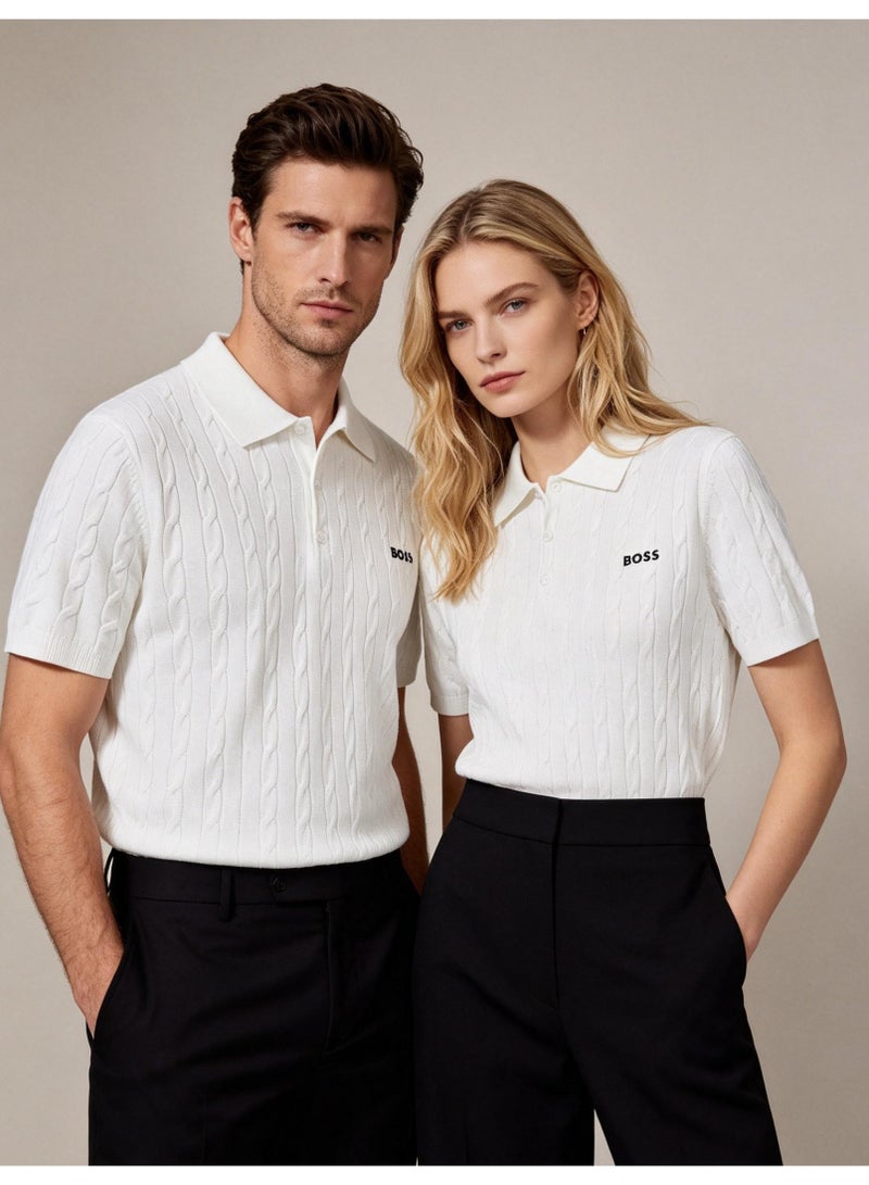BOSS Unisex Short Sleeve Cable Knit Polo Shirt, White, Men's Women's Smart Casual Top - Image 3