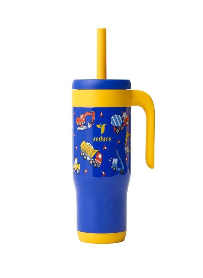 REDUCE CHILLER Travel Mug - 14 oz Insulated Stainless Steel Kids Tumbler with Spill-Proof Silicone Straw, Stays Cold 18 Hours, Dishwasher Safe - for School & Travel - Little Builder - Image 1