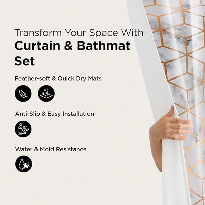 Kuber Industries Kuber Industries Shower Curtain & Bathmat Set | Non-Slip Bath mats for Bathroom | Easy-Slide Curtains | Polyester Curtain or Bathmat for Bath Décor | YF52-3T | 3 Pcs Set | Multicolor  - Image 2