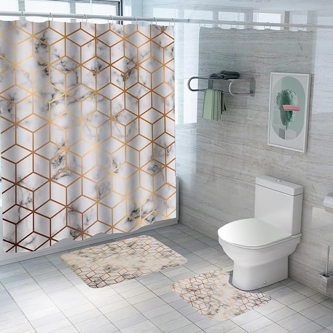 Kuber Industries Kuber Industries Shower Curtain & Bathmat Set | Non-Slip Bath mats for Bathroom | Easy-Slide Curtains | Polyester Curtain or Bathmat for Bath Décor | YF52-3T | 3 Pcs Set | Multicolor  - Image 1