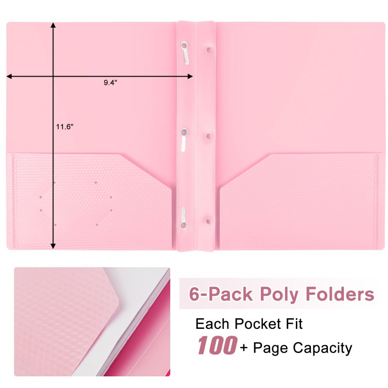 EEHZTSI 6-Pack Plastic andPockets and Prongs,2-Pocket and3 Fasteners, Pastel Folders Holds US Letter Size Paper for School/Office/Home, Pink - Image 4