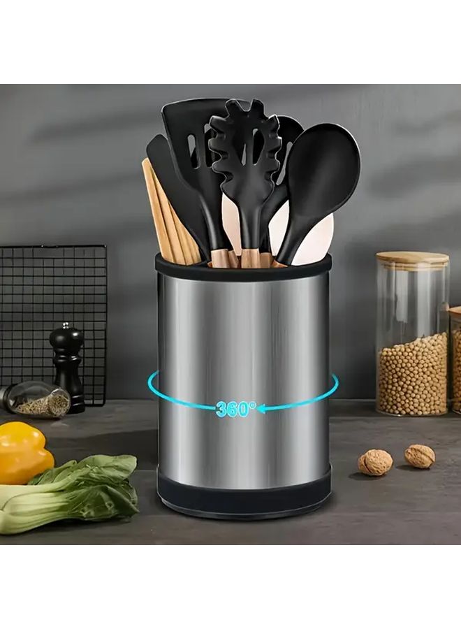 360 Degree Rotating Stainless Steel Kitchen Utensil Holder With Drainage Holes 1pc - Image 1