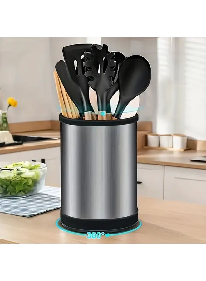 360 Degree Rotating Stainless Steel Kitchen Utensil Holder With Drainage Holes 1pc - Image 5