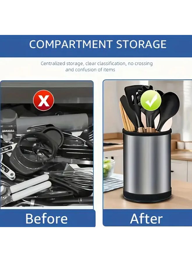360 Degree Rotating Stainless Steel Kitchen Utensil Holder With Drainage Holes 1pc - Image 4