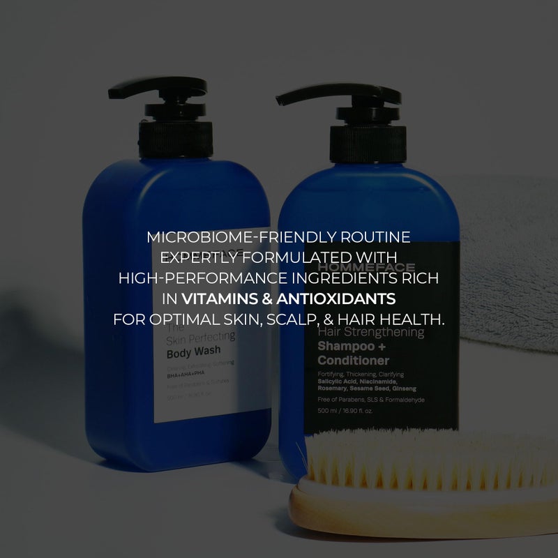HOMMEFACE Menâ€™s Triple Action Shower Kit - 2 Piece Set with 2-in-1 Hair Strengthening Shampoo + Conditioner & Body Wash with Pump - Korean Skincare Technology for Body Acne and Scalp Health - Image 3