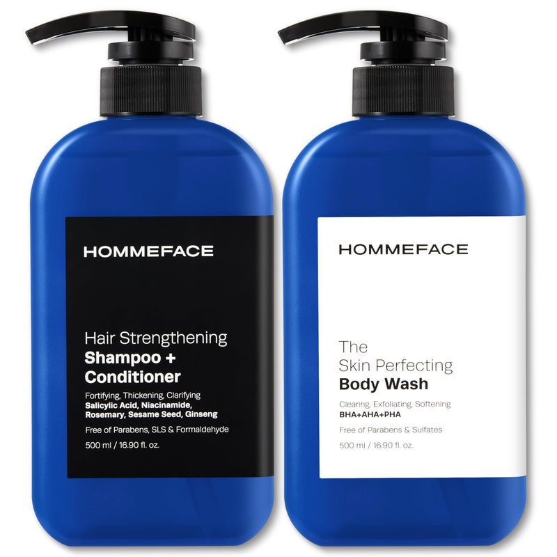 HOMMEFACE Menâ€™s Triple Action Shower Kit - 2 Piece Set with 2-in-1 Hair Strengthening Shampoo + Conditioner & Body Wash with Pump - Korean Skincare Technology for Body Acne and Scalp Health - Image 1
