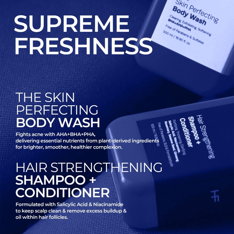 HOMMEFACE Menâ€™s Triple Action Shower Kit - 2 Piece Set with 2-in-1 Hair Strengthening Shampoo + Conditioner & Body Wash with Pump - Korean Skincare Technology for Body Acne and Scalp Health - Image 2